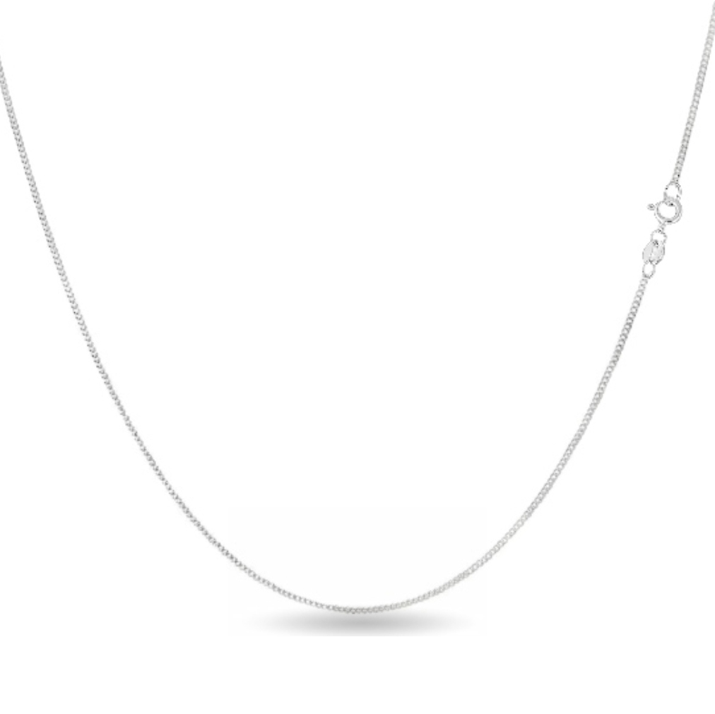 A delicate silver chain necklace with a small clasp and fine link design.