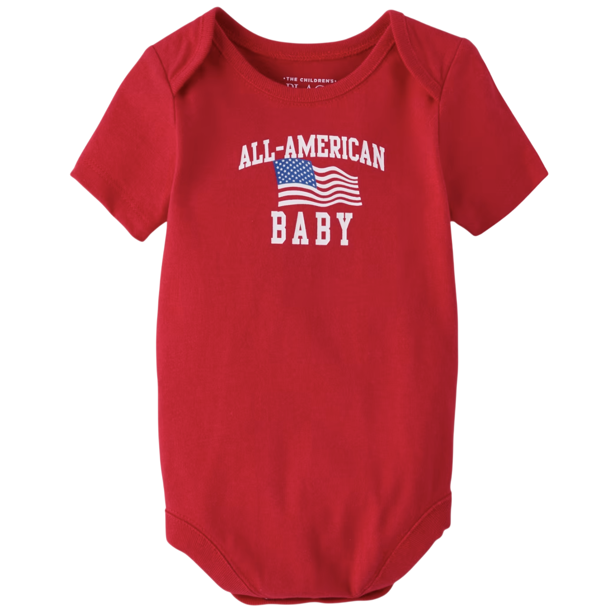 Red baby onesie featuring the phrase \“All-American Baby\“ with an American flag graphic.