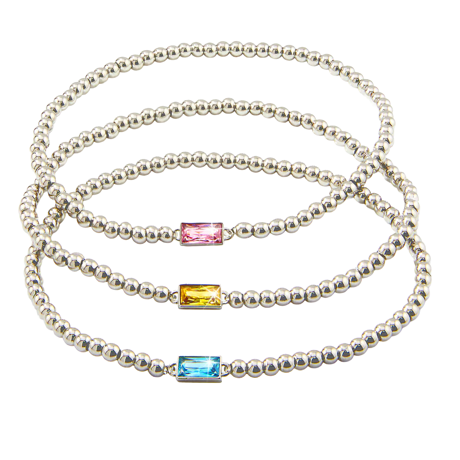Three silver beaded bracelets feature rectangular gemstones in pink, yellow, and blue.