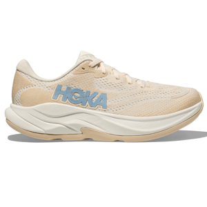 Hoka Men's Rincon 4 Shoes in a light beige color with a breathable mesh upper, featuring the Hoka logo in blue. The shoes have a cushioned midsole and a lightweight design for running comfort.
