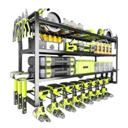Wall-mounted tool organizer with multiple shelves and hooks, featuring drills, toolboxes, wrenches, pliers, screwdrivers, and storage containers. Predominantly black and green color scheme.