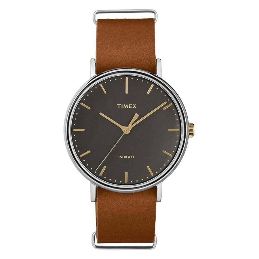 Timex watch with a minimalist black dial, gold-tone hour markers, and a brown leather strap. Features include a silver bezel and Indiglo backlight.