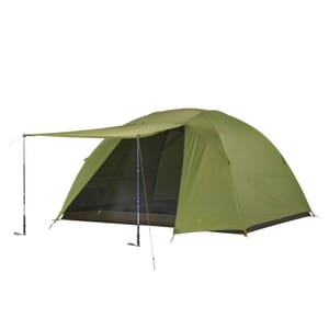 A green dome tent with a rainfly extended into an awning using trekking poles, featuring a mesh door.