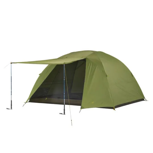 A green dome tent with a rainfly extended into an awning using trekking poles, featuring a mesh door.