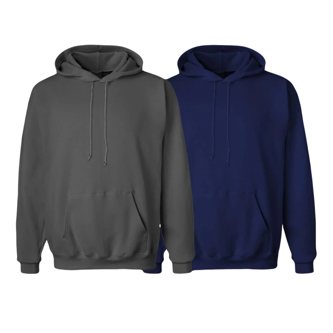 Two fleece pullover hoodies, one in gray and the other in navy blue, both featuring a drawstring hood and a front kangaroo pocket.