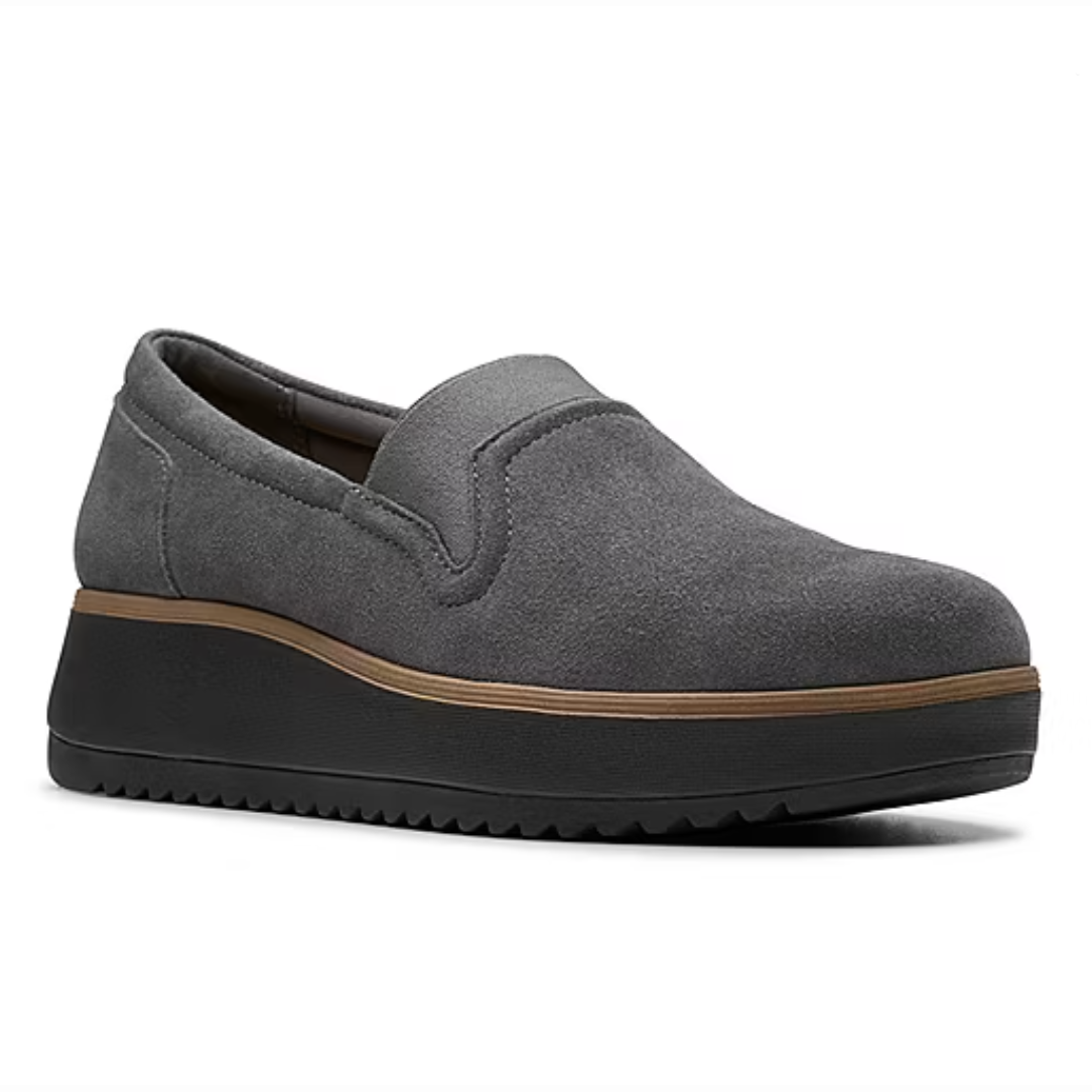 Gray slip-on platform shoe with a suede upper, contrasting midsole trim, and thick black rubber sole.