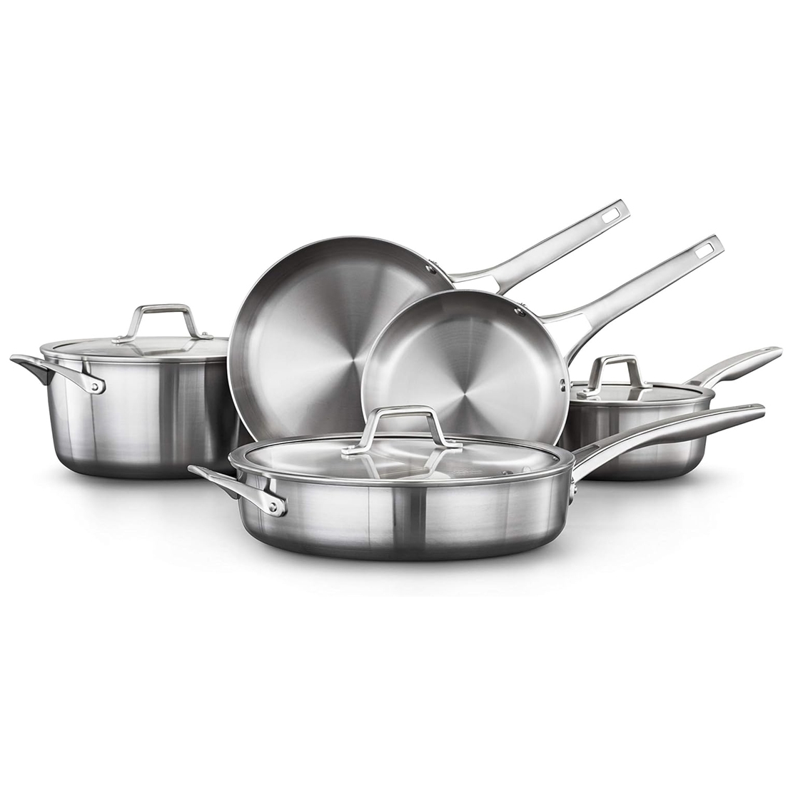 Stainless steel cookware set including frying pans, saucepans, and a sauté pan, all with lids and handles.