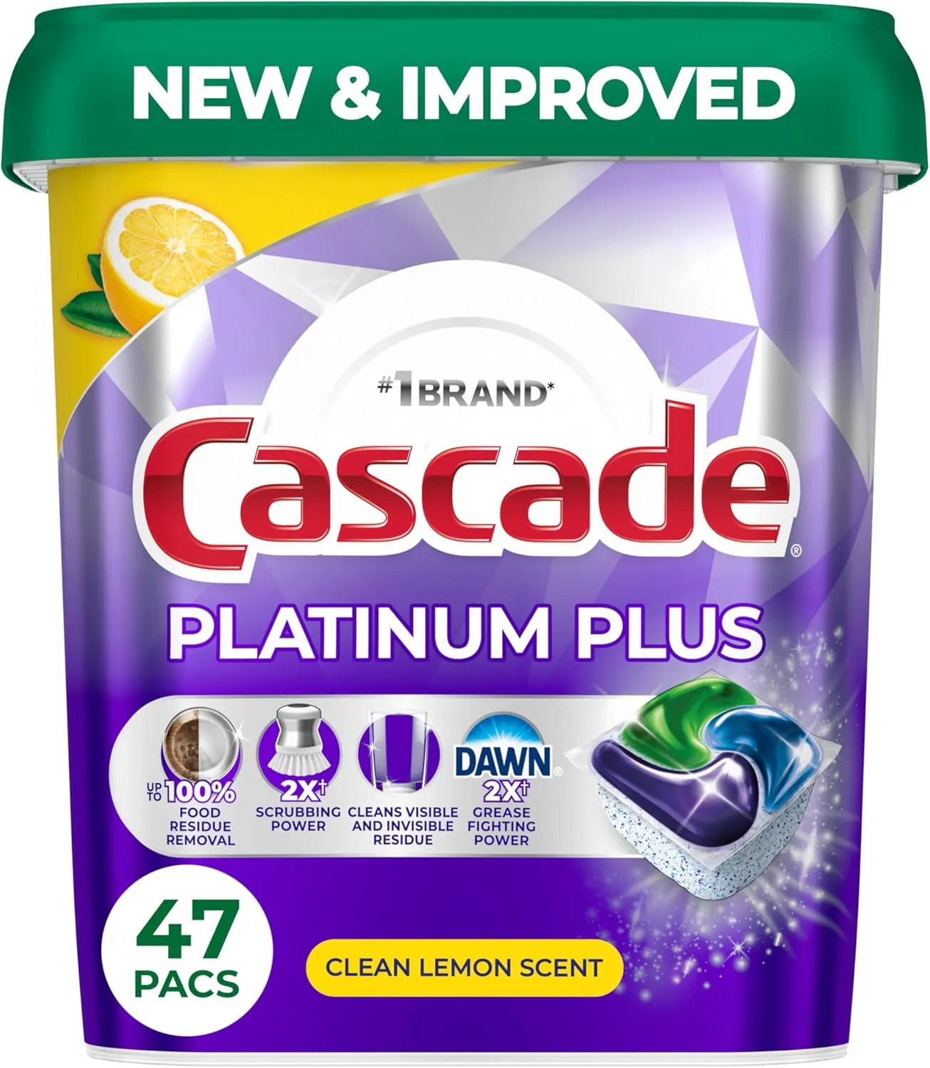 Cascade Platinum Plus dishwasher detergent, package of 47 pacs, featuring clean lemon scent and enhanced scrubbing, grease-fighting, and residue removal capabilities.