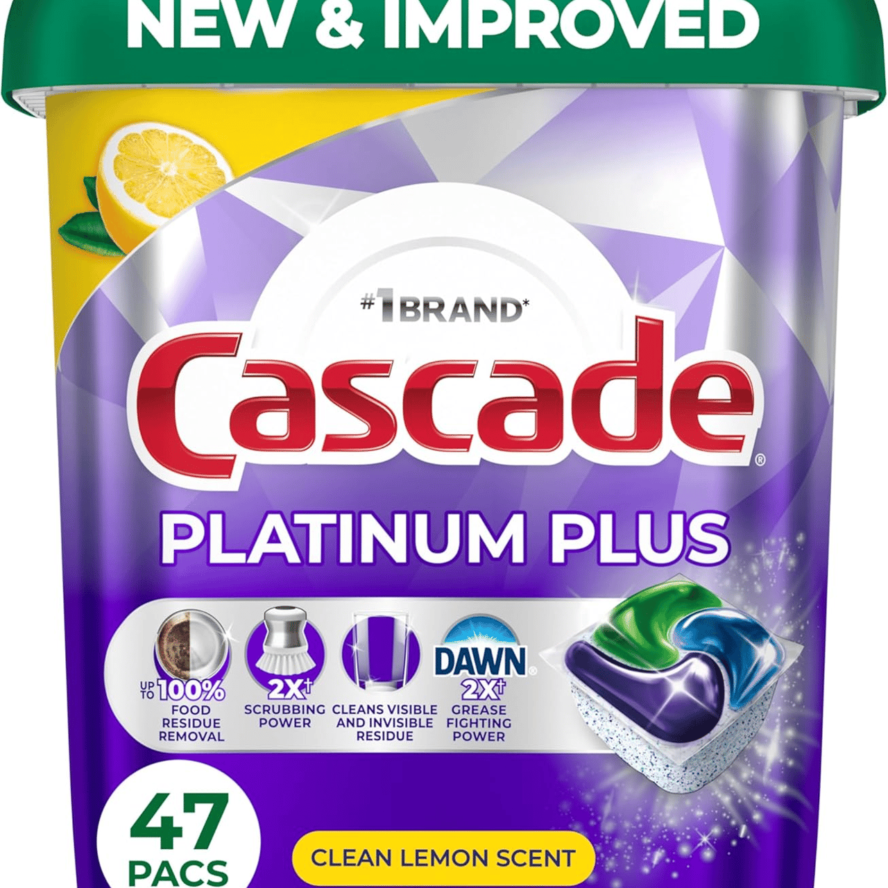 Cascade Platinum Plus dishwasher detergent, package of 47 pacs, featuring clean lemon scent and enhanced scrubbing, grease-fighting, and residue removal capabilities.