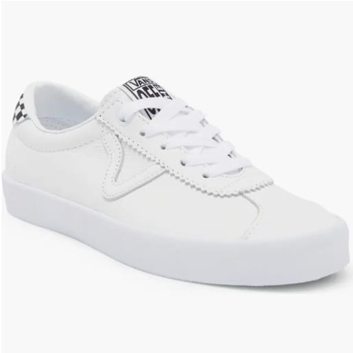 A single white sneaker with lace-up front and a checkered pattern on the inner side.