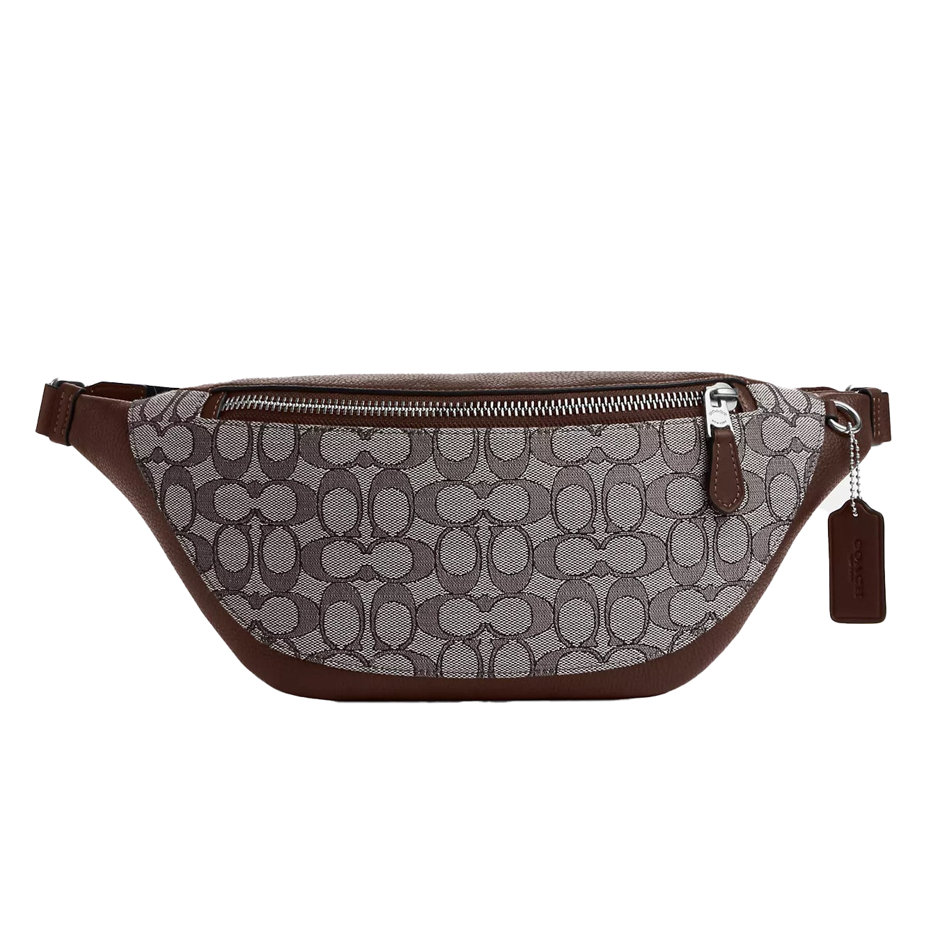 The Coach Outlet Large Belt Bag features a brown and beige signature canvas design with a zippered front pocket and adjustable strap, adorned with a leather tag.