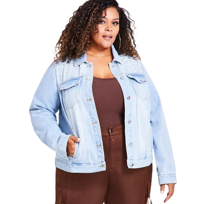 Light blue denim jacket with long sleeves, button closure, and embellished upper chest. Features flap chest pockets and side pockets. Suitable for plus-size wear.