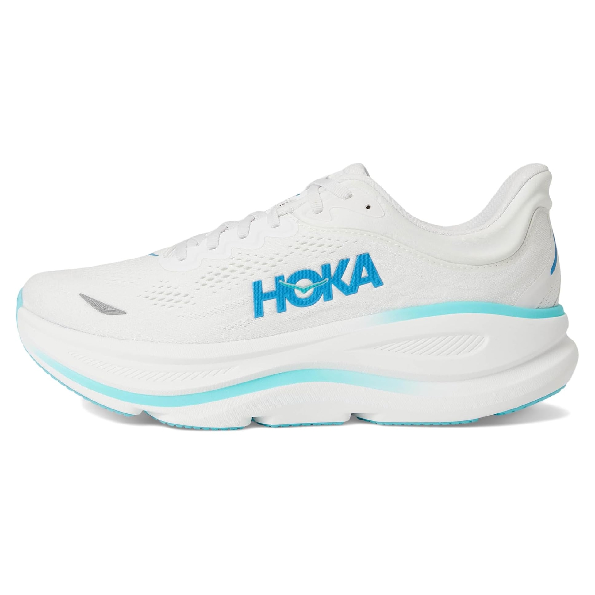 The Hoka Bondi 9 shoes are white with a blue logo and accents, featuring a thick, cushioned sole for maximum comfort and support.