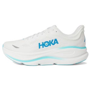 The Hoka Bondi 9 shoes are white with a blue logo and accents, featuring a thick, cushioned sole for maximum comfort and support.
