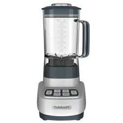 A blender with a gray and silver base featuring multiple buttons and a clear pitcher marked with measurements.