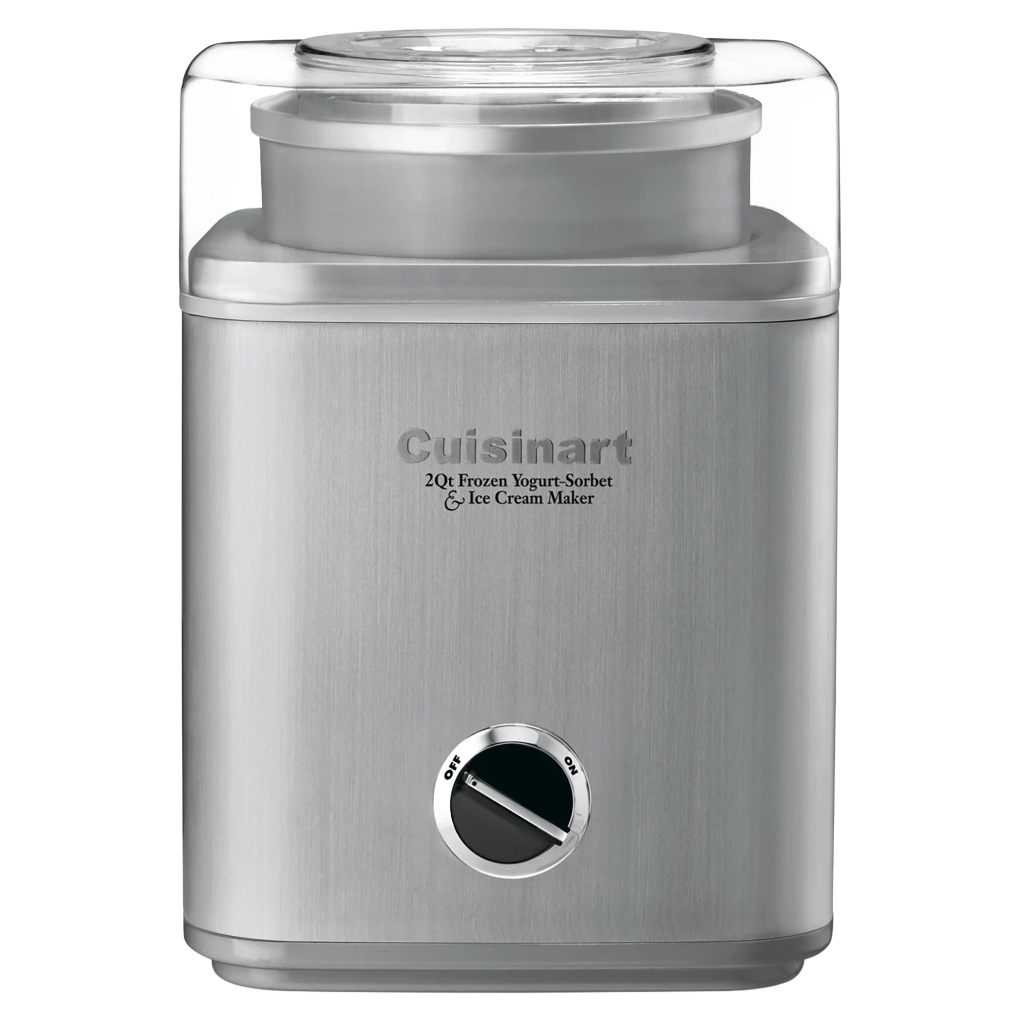 Cuisinart 2-quart frozen yogurt, sorbet, and ice cream maker with a stainless-steel finish and a simple on/off dial.