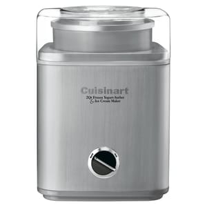 Cuisinart 2-quart frozen yogurt, sorbet, and ice cream maker with a stainless-steel finish and a simple on/off dial.
