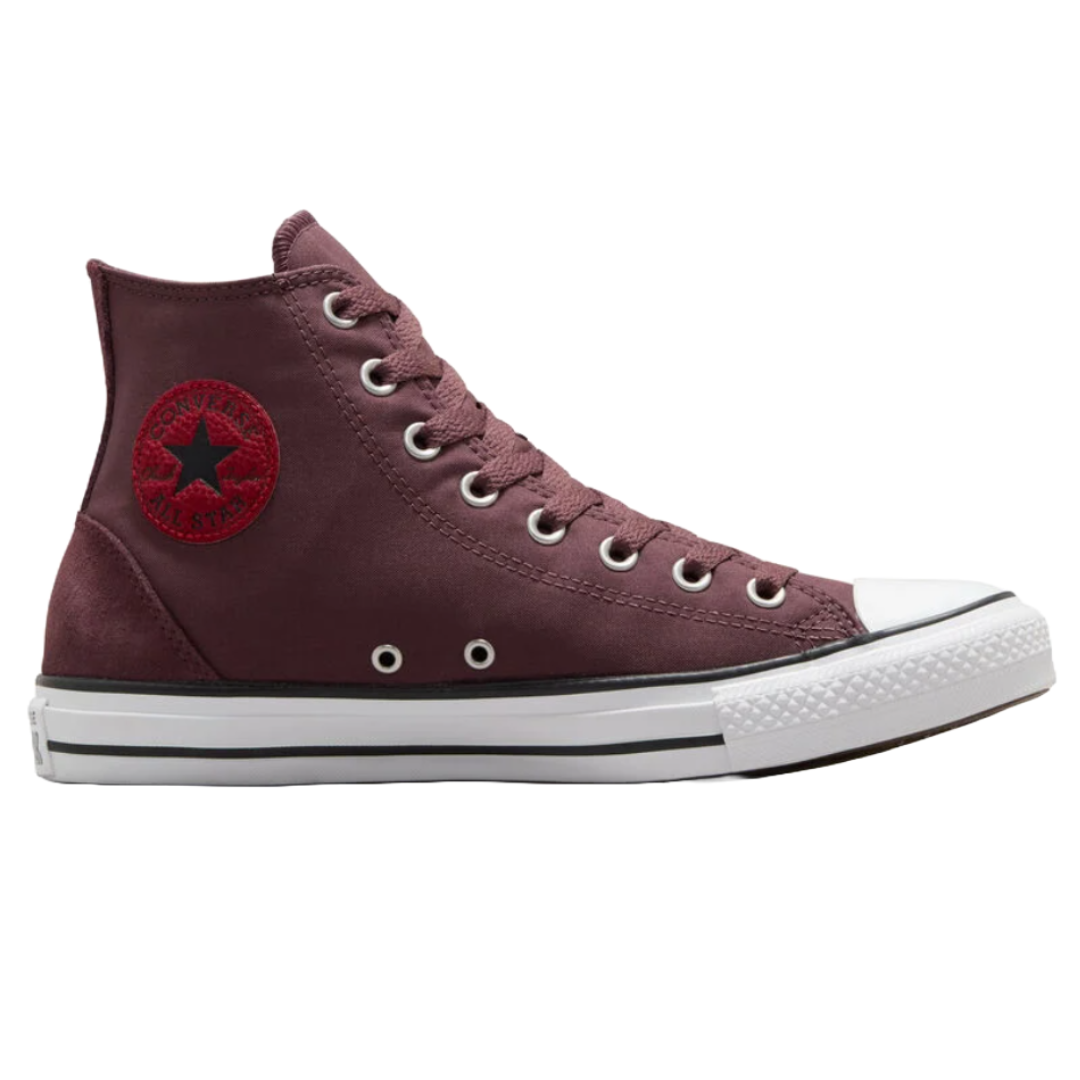 Maroon Converse Chuck Taylor All Star high-top sneaker with a white rubber sole, white toe cap, and a red circular logo on the side.