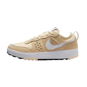 Light tan and white Nike sneakers with a mesh and suede upper, featuring a white Swoosh and a thick white midsole.