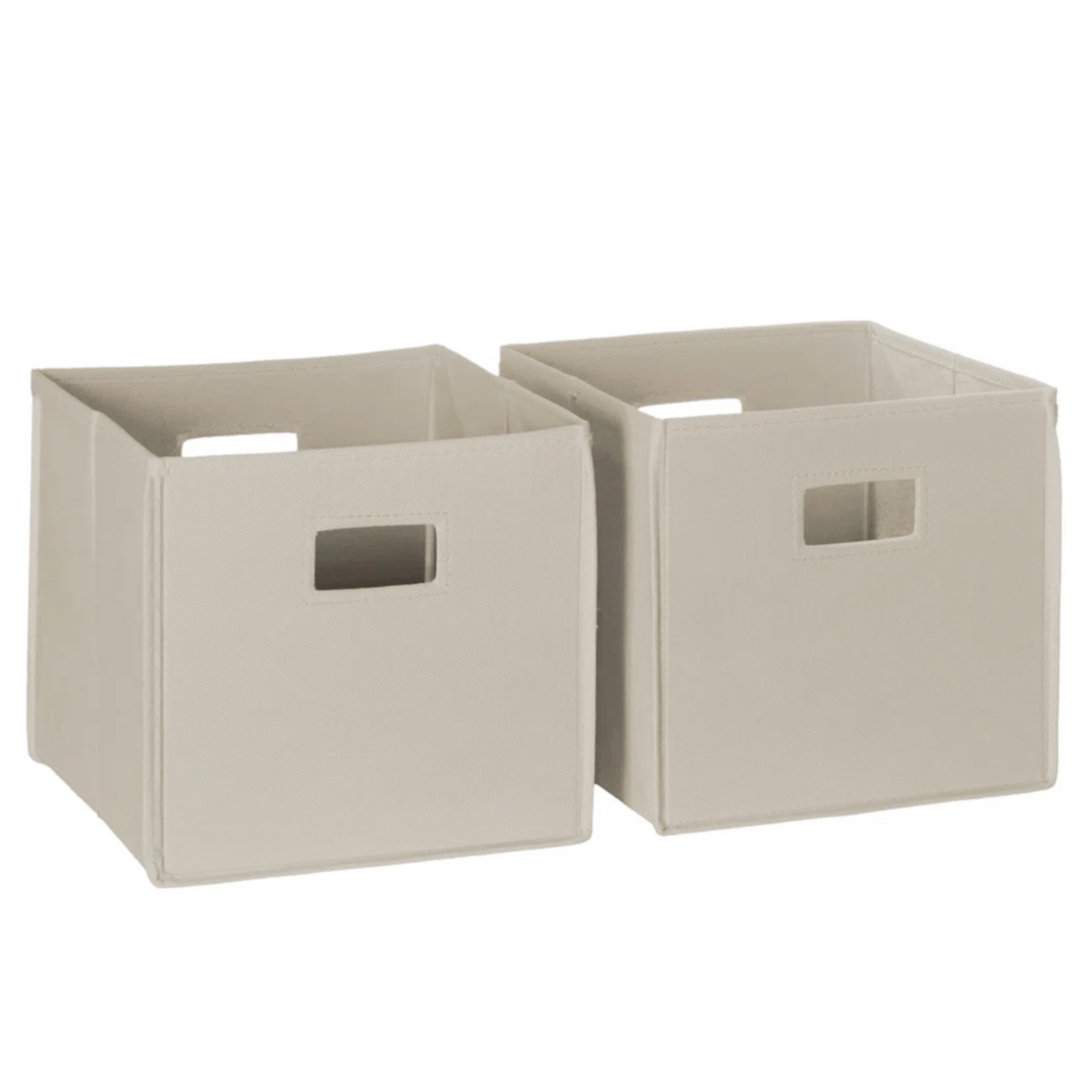Two beige fabric storage bins with cut-out handles, suitable for organizing items.