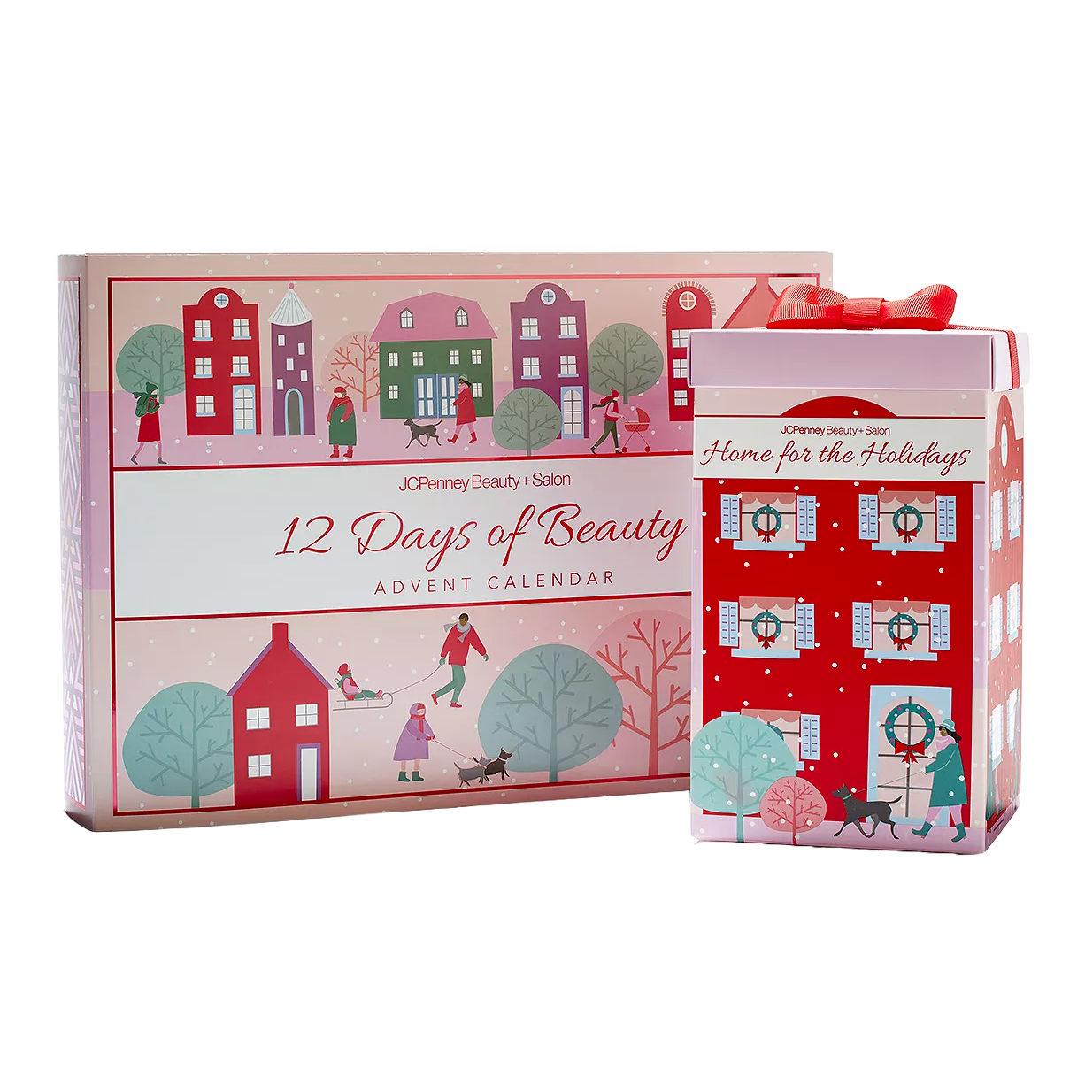 JCPenney Beauty + Salon's \“12 Days of Beauty\“ Advent Calendar features a holiday-themed design with colorful illustrations of buildings and people, and includes a box labeled \“Home for the Holidays\“ adorned with a red ribbon.