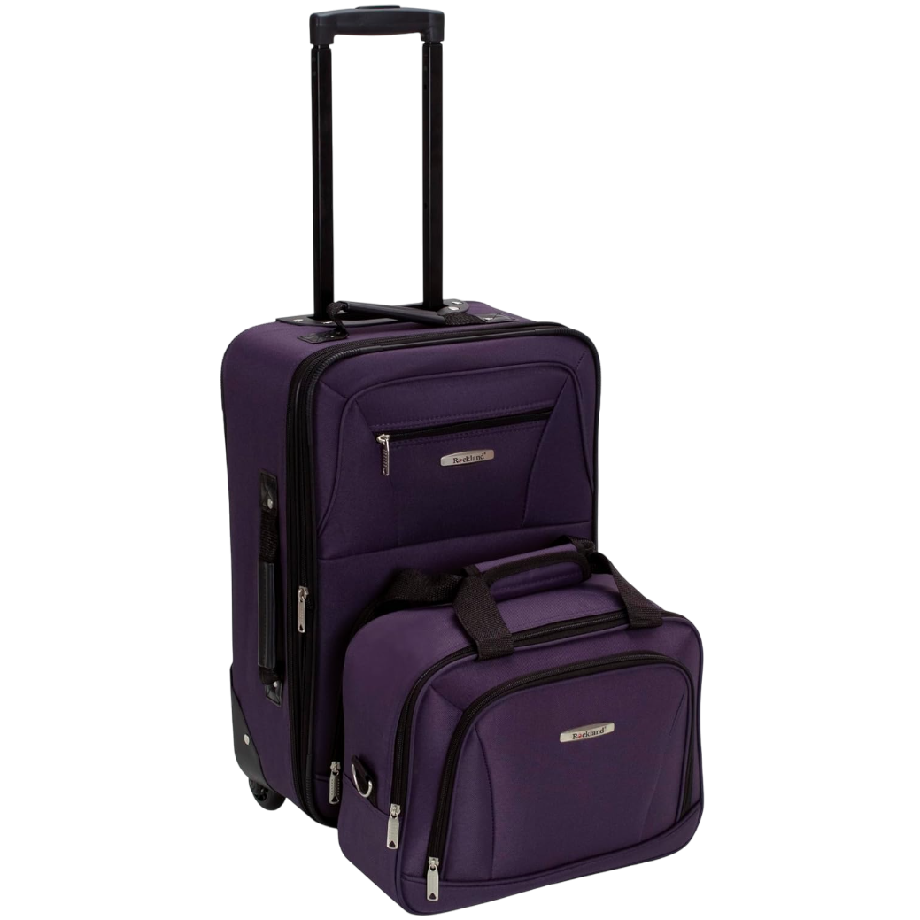 A purple two-piece luggage set with a rolling suitcase featuring an extended handle and a matching carry-on bag with dual handles.