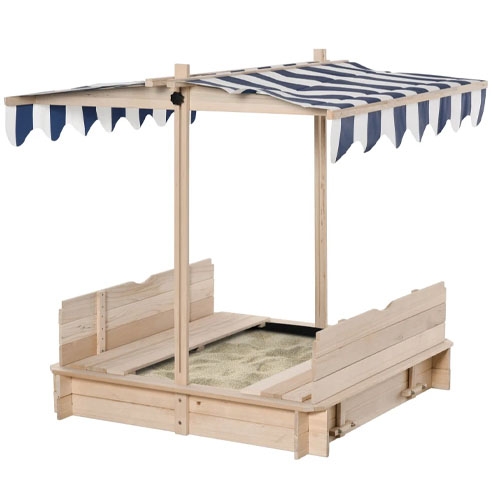 A wooden sandbox with a blue and white striped canopy, featuring two foldable benches on the sides and a rectangular design.