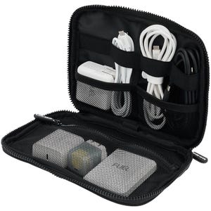 Black zippered travel organizer with elastic bands and mesh compartments holding cables, a charging block, and adapters.