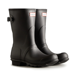 Pair of black Hunter rain boots with a buckle detail and a branded logo on the front.