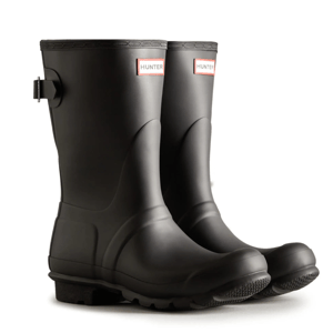 Pair of black Hunter rain boots with a buckle detail and a branded logo on the front.
