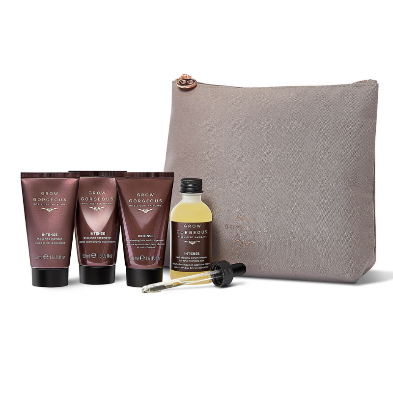 The 5pc Intense Discovery Kit includes a Grow Gorgeous pouch, three 50ml tubes of Intense Thickening Shampoo, Conditioner, and a Hair Growth Serum. A dropper is also included for easier application of the serum.