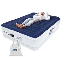 An inflatable mattress with a person lying on it, featuring a built-in pump and a repair kit, branded \“Active Era,\“ alongside a storage bag.
