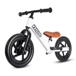 A white and black balance bike with \“KRIDDO\“ branding, featuring a brown seat and no pedals, designed for young children to develop balance and coordination.