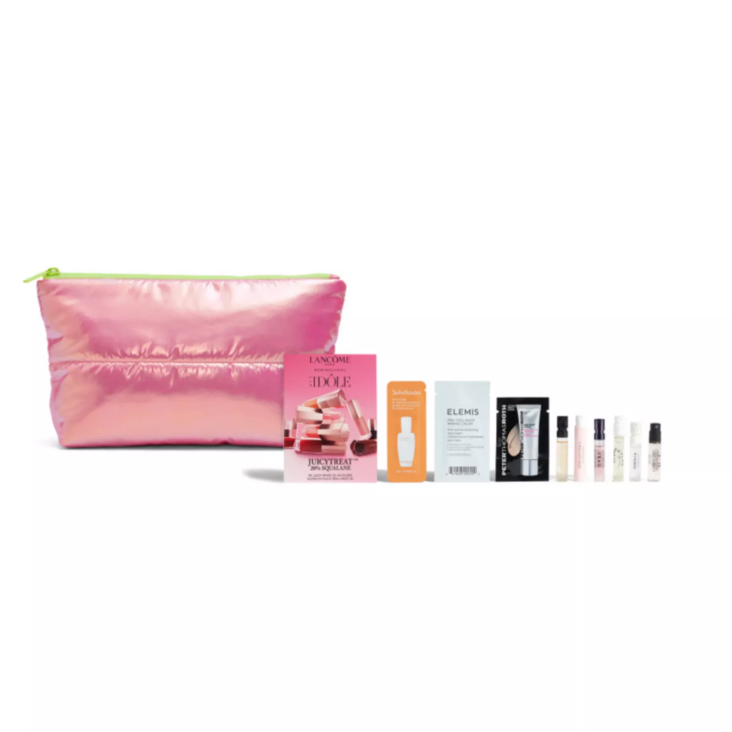 A pink iridescent cosmetic bag with a zipper is shown alongside a collection of small cosmetic samples, including skincare and fragrance products from various brands.