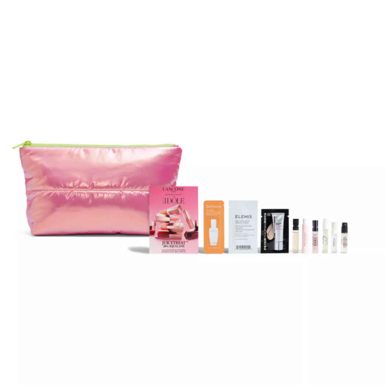 A pink iridescent cosmetic bag with a zipper is shown alongside a collection of small cosmetic samples, including skincare and fragrance products from various brands.