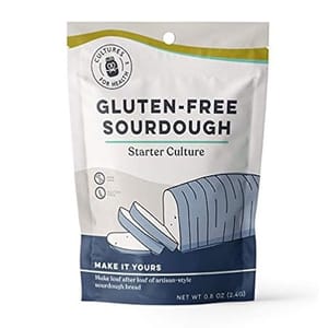 Gluten-Free Sourdough Starter Culture by Cultures For Health, 0.8 oz (2.4g), packaged in a resealable bag. It is designed for making gluten-free artisan-style sourdough bread.