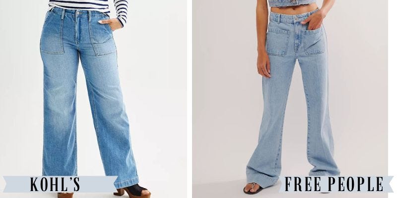 A pair of light wash wide leg jeans from Kohl's besides a similar pair of light wash wide-leg jeans from Free People.