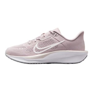 The Nike Quest 6 Shoes feature a light pink mesh upper with a breathable design, a white swoosh logo, and a cushioned midsole for comfort and support during runs.