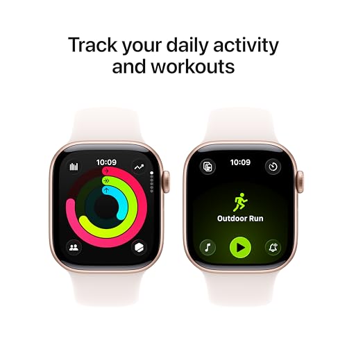 Two smartwatches display activity tracking and workout features, showing colorful activity rings and an outdoor run option on the screens.