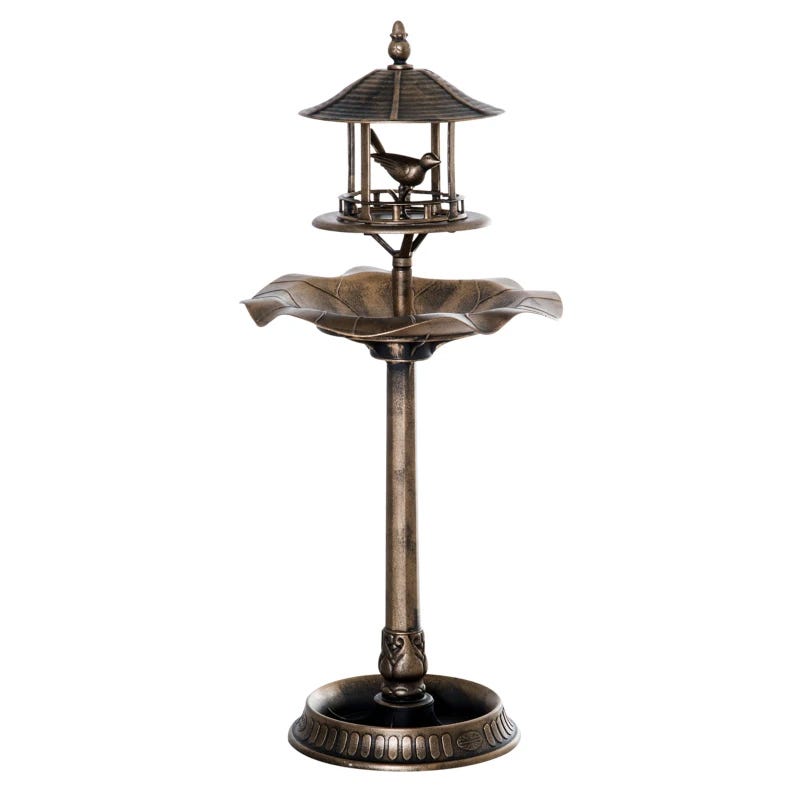 A bronze-colored garden birdbath with a pedestal design, featuring a leaf-shaped basin and a pagoda-style top with a small bird decoration.