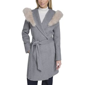 A gray wrap-style coat with a tie belt and faux fur shoulder accents, worn over a white turtleneck and dark pants.