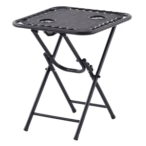 Folding camping table with a black metal frame and mesh top featuring two built-in cup holders.