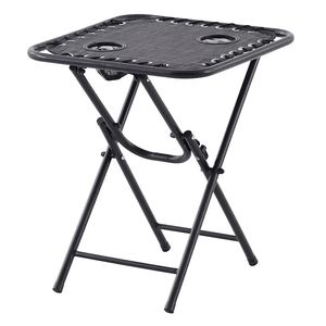 Folding camping table with a black metal frame and mesh top featuring two built-in cup holders.