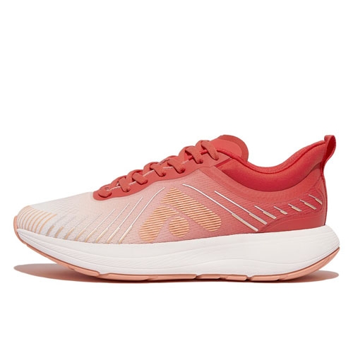 A red and white athletic sneaker with a cushioned sole, featuring a geometric design on the side.