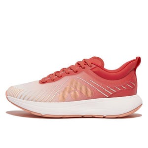 A red and white athletic sneaker with a cushioned sole, featuring a geometric design on the side.