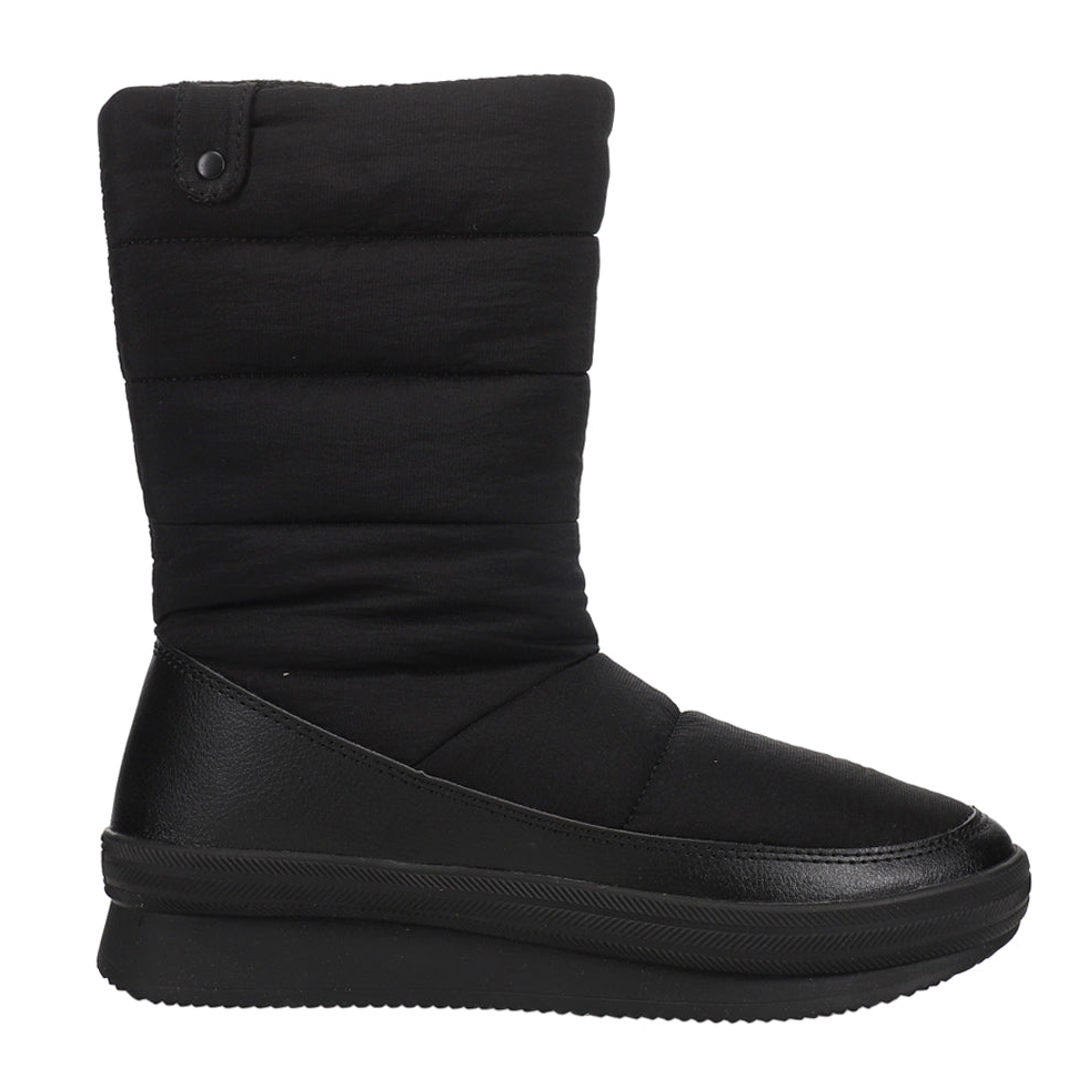 Black Keds snow boots featuring a high shaft, insulated with Thinsulate for warmth, and a slip-resistant sole. The upper has a quilted design with a button detail on the side.