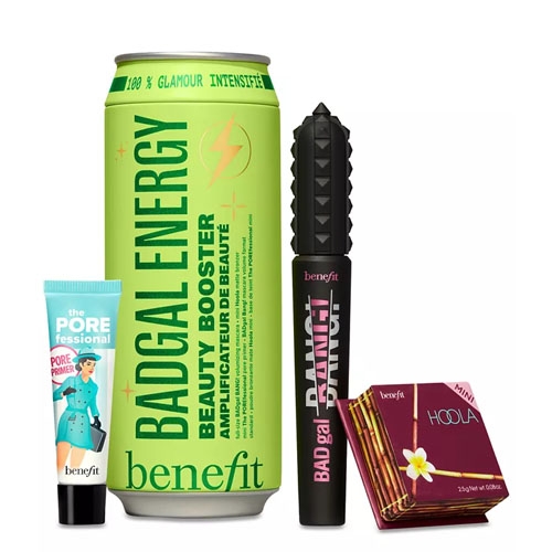 a green energy-drink style container with a mascara, blush, and face primer
