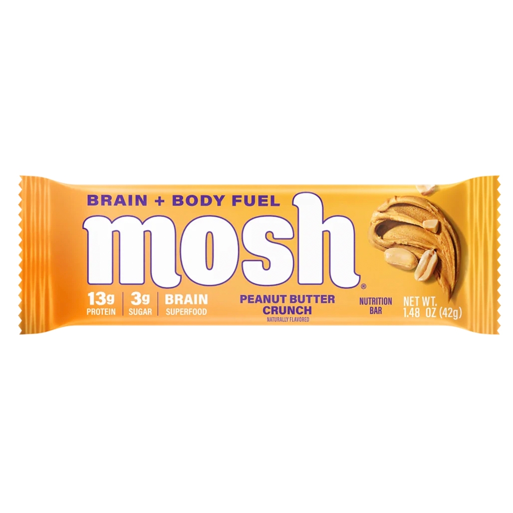 Mosh Keto Protein Bars, Peanut Butter Crunch flavor, offer 13g protein, 3g sugar, and brain-supporting superfoods. Each bar is 1.48 oz (42g) and designed for brain and body fuel.