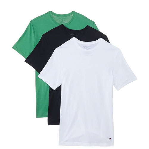 Three crew-neck T-shirts in green, black, and white, displayed unfolded and stacked.
