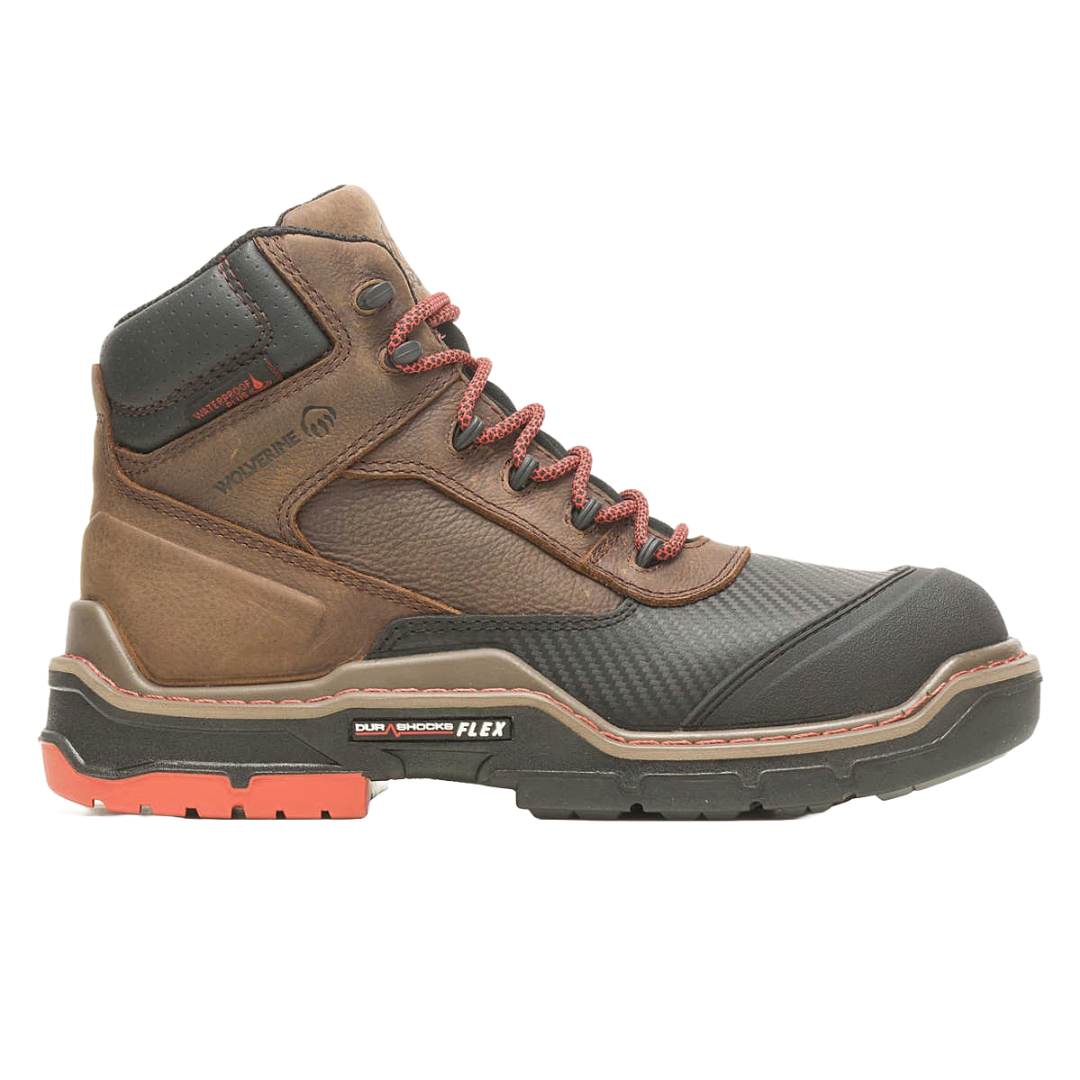 Wolverine Raider DuraShocks Boots are brown and black lace-up work boots featuring waterproof construction, DuraShocks Flex technology for comfort, and a rugged outsole for durability.